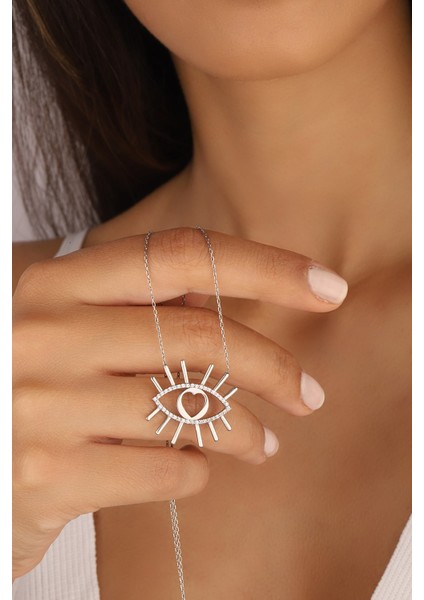 Zirkon Taşlı Kalpli Göz 925 Ayar Gümüş Kolye