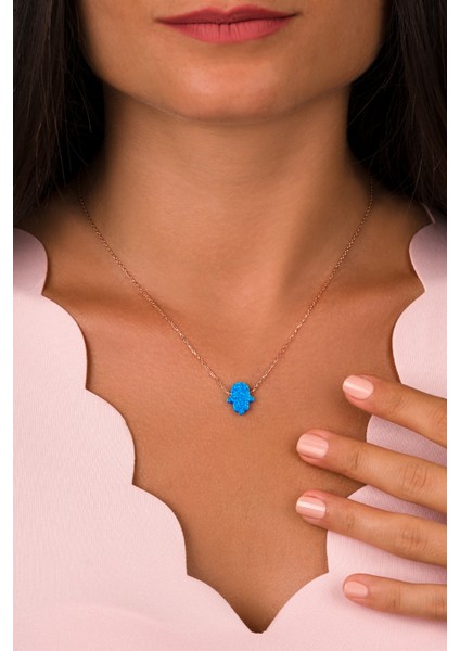 Opal Taşlı Fatma Ana Eli 925 Ayar Gümüş Kolye