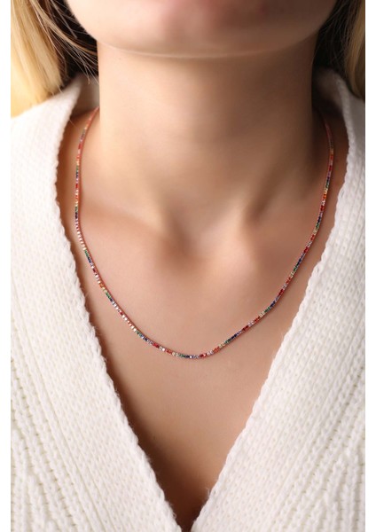 Rose Kaplama 1.5 mm Renkli Taşlı Su Yolu 925 Ayar Gümüş Kolye