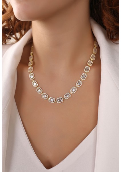 Altın Kaplama Baget Taşlı 925 Ayar Gümüş Kolye