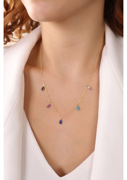 Altın Kaplama Renkli Taşlı Damlalar 925 Ayar Gümüş Kolye