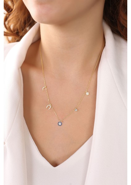 Altın Kaplama Nazarlı Şans Model 925 Ayar Gümüş Kolye