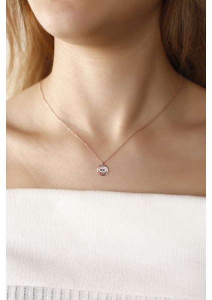 Rose Yuvarlak Firuze Gözlü 925 Ayar Gümüş Kolye