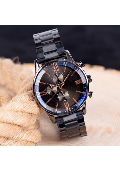 Yeni Sezon Roma Rakamlı Siyah Çelik Kordonlu Siyah Kasa Tasarımlı Erkek Kol Saati ST-304008 modelleri