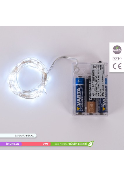 50 Ledli LED Süsleme Işığı 6500K Beyaz Işık 170LM 2W 5 Metre