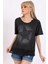 Kadın Siyah Yıldız Baskılı Geniş Yaka File Detaylı Bluz 1