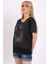 Kadın Siyah Yıldız Baskılı Geniş Yaka File Detaylı Bluz 2
