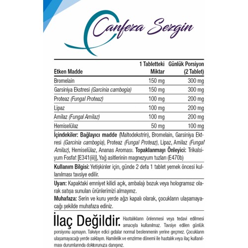 Canfeza Sezgin Bromelain Plus S Enzimleri Garsiniya Ekstresi Fiyatı