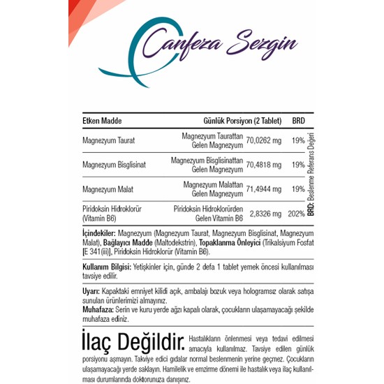 Canfeza Sezgin Magnezyum Triplet Plus B6 Magnezyum & Vitamin Fiyatı