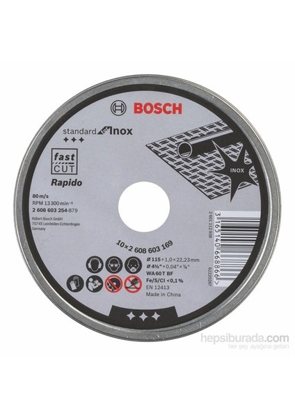 - Standard Seri Inox (Paslanmaz Çelik) İçin Düz Kesme Diski (Taş) – Rapido - Wa 60 T Bf, 115 Mm, 22,23 Mm, 1,0 Mm