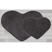 My Evilla Modern Dekoratif Halı Jel Kaymaz Taban Peluş Puffy Kalp Model Antrasit  Paspas Takımı 70X100 CM-70X60 cm
