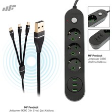 Mf Product 0366 Koruma Anahtarlı 3 Usb'li 3'lü Grup Priz 2 mt + 0060 Metal Başlıklı Örgülü 3 In 1 Hızlı Şarj Kablosu