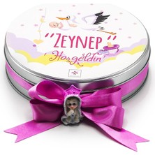Nin Chocolate Nin Kız Bebek Çikolatası Metal Yuvarlak Kutu Sarı Leylek Baskılı (80 Adet Napoliten Çikolata)