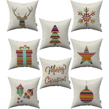 Cango Home Krem Çok Renkli Yılbaşı Temalı 8'li Kırlent Kılıfı Seti 8KMBS150