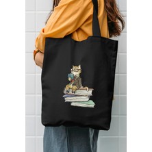 Çınar Bez Çanta Kitap Okuyan Kedi Baskılı Siyah Kanvas Çanta
