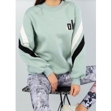 Imagine Giyim Ok Baskılı Şerit Detaylı Üç Iplik Oversize Su Yeşili Sweatshirt