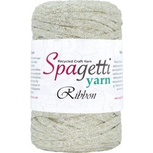 Spagettiyarn Şeker Beyaz Simli Ribbon Ip (Altın Sim)