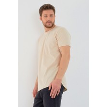 Amazing Crash Bej Basic Erkek Bisiklet Yaka Long Fit Eteği Biyeli T-Shirt