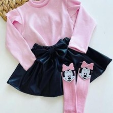 Özge Başaran Deri Etek Pembe Badi ve Diz Altı Çorap Takım 4 Yaş