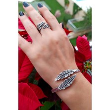 Fildişi Aksesuar Antik Gümüş Kaplama Kuş Tüyü Şekilli El Yapımı Ayarlanabilir Yüzük ve Bileklik Seti