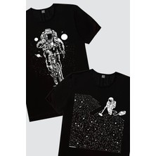Rock&Roll Bisikletli Astronot, Süpürgeli Astronot Erkek 2'li Eko Paket T-Shirt