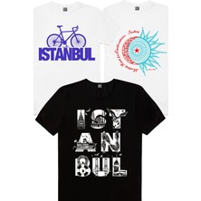 Rock&Roll Istanbul Bisiklet Beyaz, Türkiye Ay Yıldız Beyaz, Istanbul Harfler Siyah Erkek 3'lü Eko Paket T-Shirt