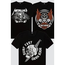 Rock&Roll Motorcu Kurukafa, Metallica Kurukafa, Sörf Kurukafa Kadın 3'lü Eko Paket T-Shirt