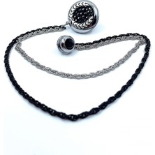 Kravatkolik Gümüş Renk Hematit Taşlı Zincirli Ceket Yaka Iğnesi YI366