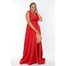 Ladies First Büyük Beden 3434 Kırmızı Uzun Abiye Elbise