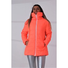 Keyifli Moda Kadın Nar Çiçeği Dik Yaka Su Geçirmez Uzun Şişme Mont