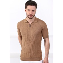 Ferraro Camel Polo Yaka Fermuarlı Erkek Pamuk Triko T-Shirt