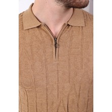 Ferraro Camel Polo Yaka Fermuarlı Erkek Pamuk Triko T-Shirt