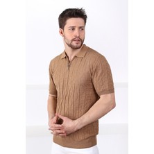 Ferraro Camel Polo Yaka Fermuarlı Erkek Pamuk Triko T-Shirt