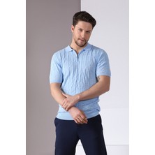 Ferraro Mavi Polo Yaka Fermuarlı Erkek Pamuk Triko T-Shirt