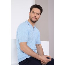 Ferraro Mavi Polo Yaka Fermuarlı Erkek Pamuk Triko T-Shirt