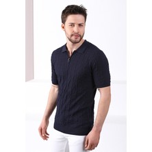 Ferraro Lacivert Polo Yaka Fermuarlı Erkek Pamuk Triko T-Shirt
