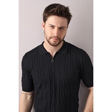 Ferraro Siyah Polo Yaka Fermuarlı Erkek Pamuk Triko T-Shirt