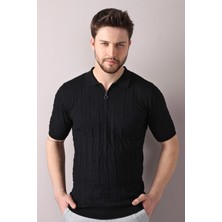 Ferraro Siyah Polo Yaka Fermuarlı Erkek Pamuk Triko T-Shirt