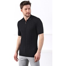 Ferraro Siyah Polo Yaka Fermuarlı Erkek Pamuk Triko T-Shirt