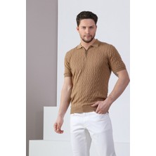 Ferraro Camel Polo Yaka Fermuarlı Erkek Pamuk Triko T-Shirt