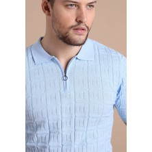 Ferraro Mavi Polo Yaka Fermuarlı Erkek Pamuk Triko T-Shirt