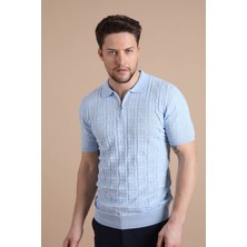 Ferraro Mavi Polo Yaka Fermuarlı Erkek Pamuk Triko T-Shirt