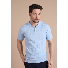 Ferraro Mavi Polo Yaka Fermuarlı Erkek Pamuk Triko T-Shirt