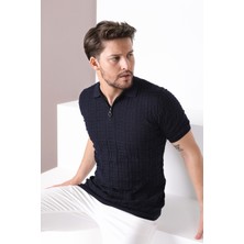Ferraro Lacivert Polo Yaka Fermuarlı Erkek Pamuk Triko T-Shirt