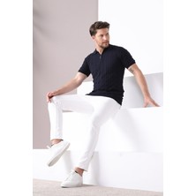 Ferraro Lacivert Polo Yaka Fermuarlı Erkek Pamuk Triko T-Shirt