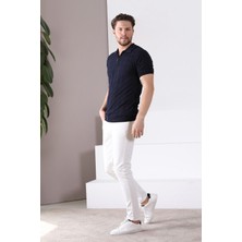 Ferraro Lacivert Polo Yaka Fermuarlı Erkek Pamuk Triko T-Shirt