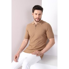 Ferraro Camel Polo Yaka Fermuarlı Erkek Pamuk Triko T-Shirt