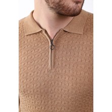Ferraro Camel Polo Yaka Fermuarlı Erkek Pamuk Triko T-Shirt