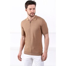 Ferraro Camel Polo Yaka Fermuarlı Erkek Pamuk Triko T-Shirt