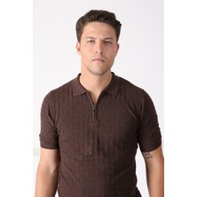 Ferraro Kahve Polo Yaka Fermuarlı Erkek Pamuk Triko T-Shirt